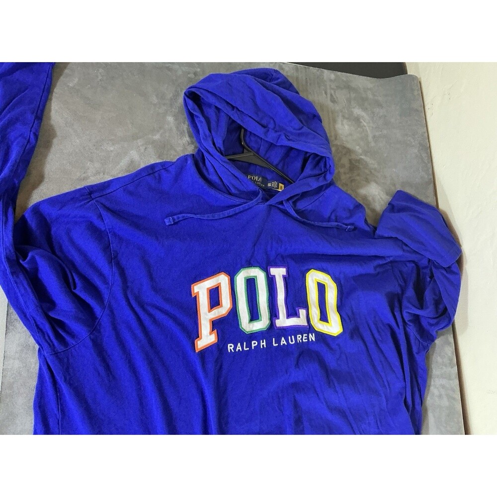Polo Ralph Lauren 2XL Blue Hoodie Long Sleeve T Shirt Mens Letter Color Block